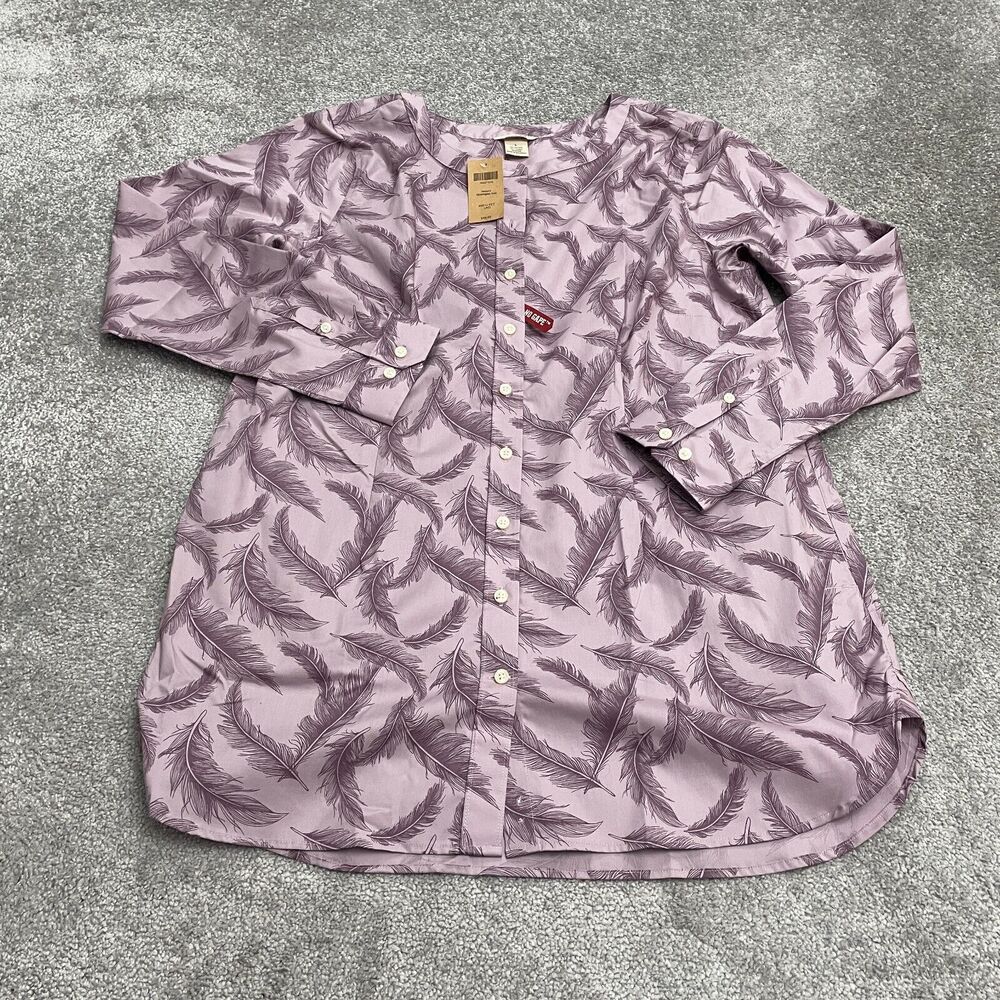Duluth Wrinklefighter Tunic Blouse Womens Large Purple Tropical Leaves NWT New